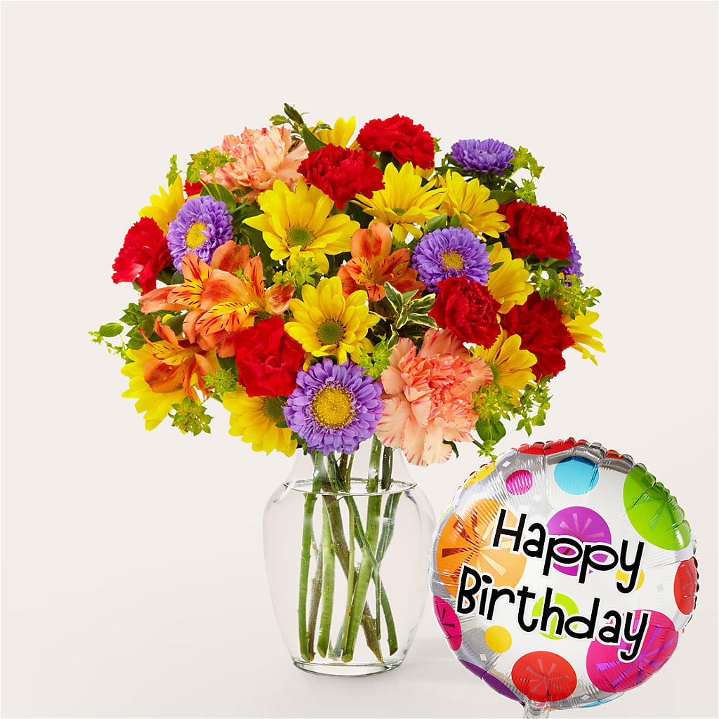 Kaleidoscope Bouquet with Birthday Balloon – Blue Poppy Flower Co, Mount Gilead OH