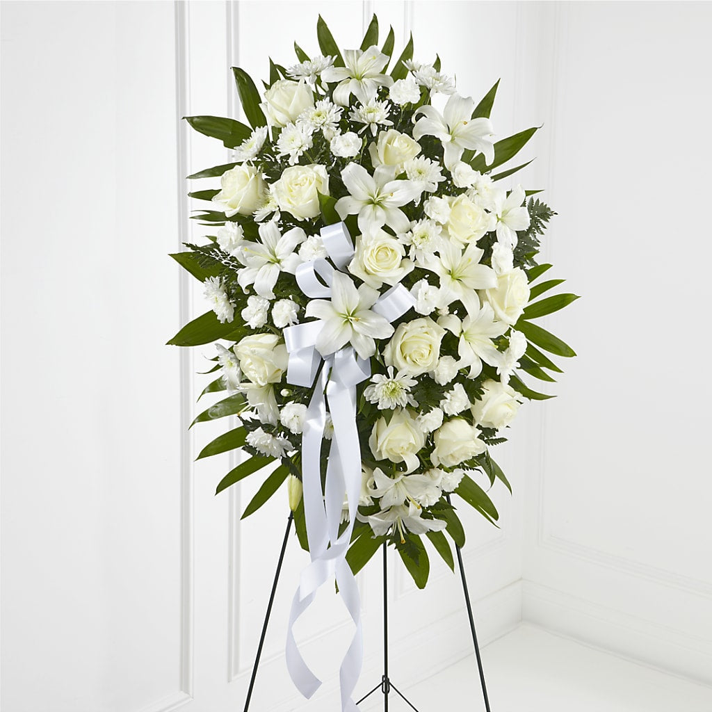 Exquisite Tribute Standing Spray-White Ribbon – Blue Poppy Flower Co, Mount Gilead OH